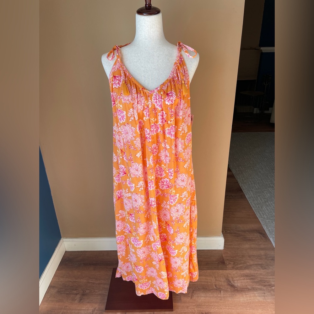 Old Navy Floral Maxi Dress Orange Medium Shoulder Ties Hippie Summer Garden Boho